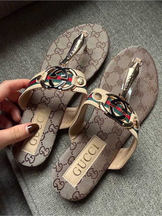 Gucci Shoes - Gucci Brown GG Canvas Thong Sandals with Green-Red Web and Gold Hardware